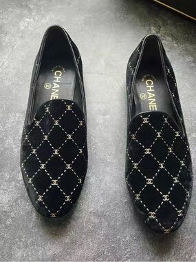 CHANEL Black Quilted Velvet CC Logo Slip-On Loafers
